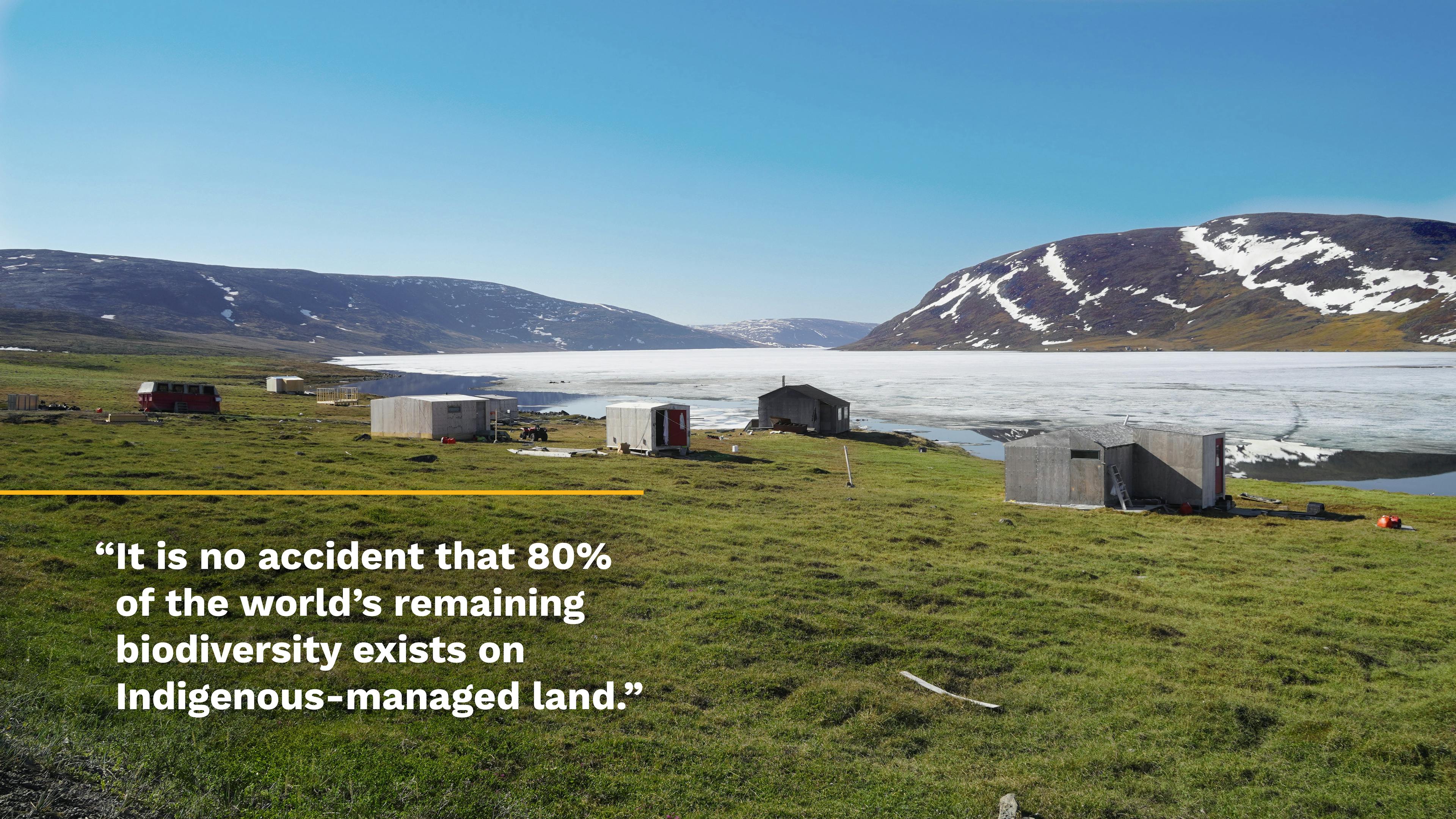 A small fishing community of six structures next to a large, melting body of water. Text on the images states "It is no accident that 80% of the world's remaining biodiversity exists on Indigenous-managed land."