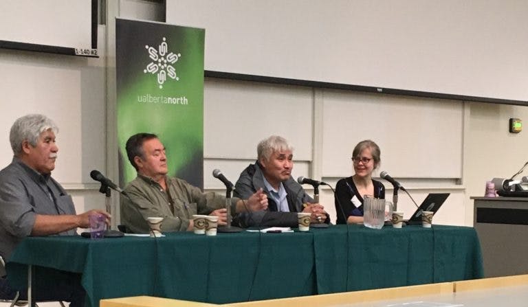 Leon Andrew, Raymond Yakeleya, Richard Andrew, and Deborah Simmons at UAlberta North’s Spirit of the Mountains – Northern Indigenous Stories of Place. (Christy Urban).