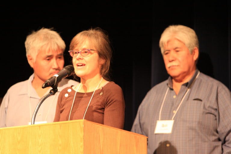 Deborah Simmons, Leon Andrew, and Richard Andrew speak at the 2016 Symposium. (David Applewhaite).
