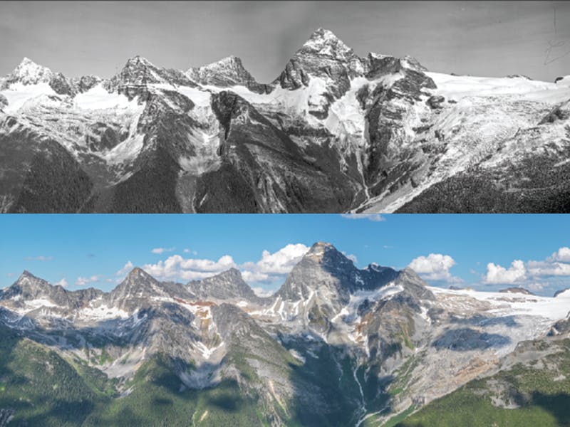 Top: Panorama of the Illecewaet Glacier - Mt. Sir Donald and other mountains in Rogers Pass as seen from the ridge on the way to Abbot Peak, Glacier National Park, British Columbia. Photographed by Arthur O. Wheeler, 1901.  Bottom: A repeat of the images making up the top photo, photographed at the same location in 2011 by the Mountain Legacy Project. Photo courtesy of Library and Archives Canada and the Mountain Legacy Project.